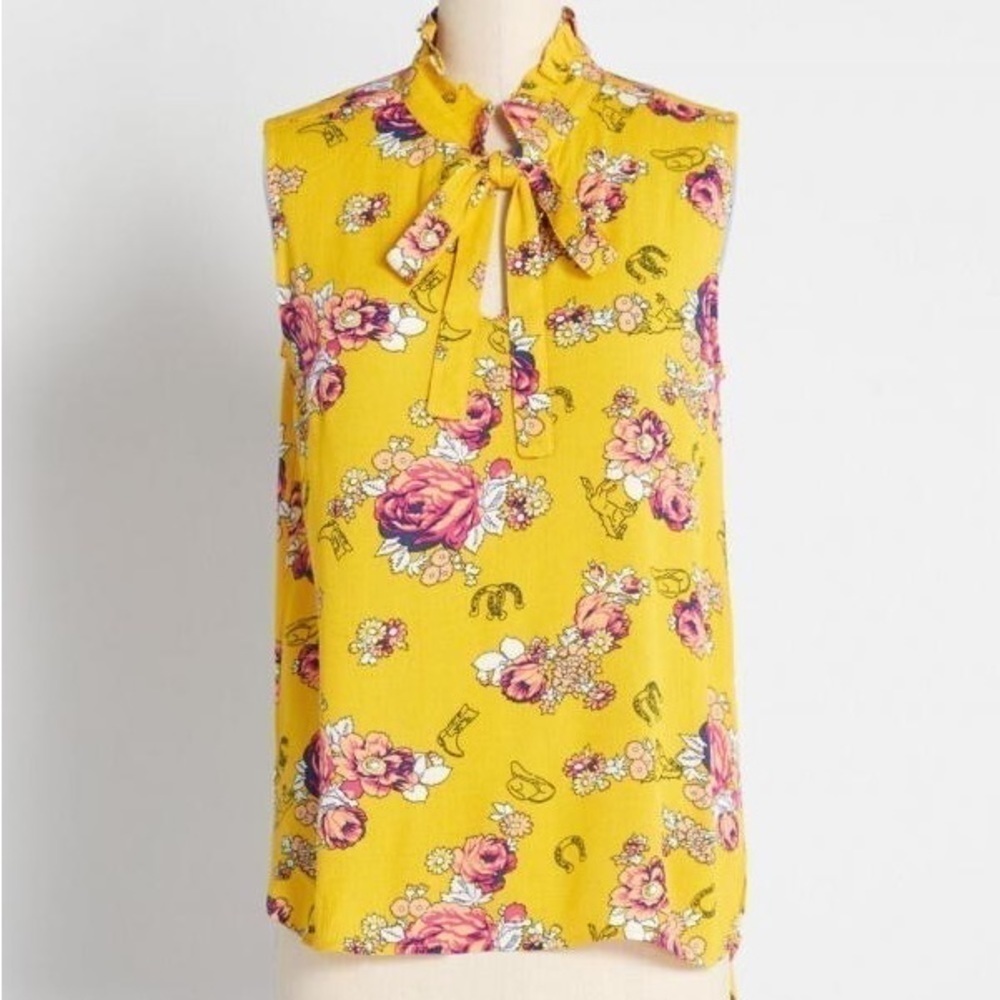 ModCloth Mustard Yellow Floral Like the Wind Tie-Neck Sleeveless Blouse Medium